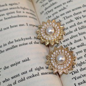 Intricate Gold Pearl Sunburst Cocktail Earrings